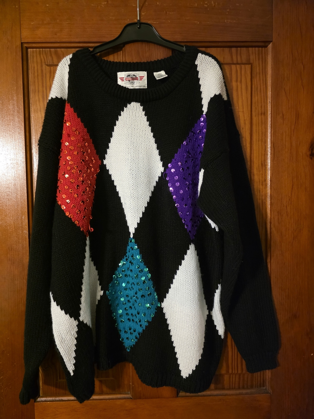 Vintage Sequin Argyle Knit Sweater - Black with Red, Teal & Purple Accents